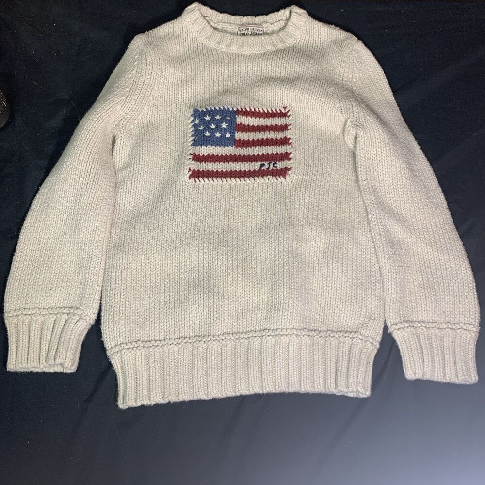 Vintage Polo Ralph Lauren Knit American Flag Sweater White Size XS Damage?